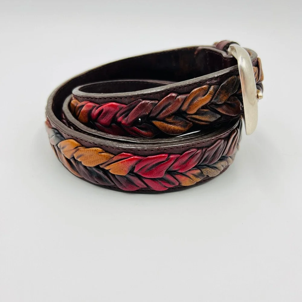 The Territory Ahead Mens 38 Braided Leather Leaf Belt Colorful Western Boho 90s